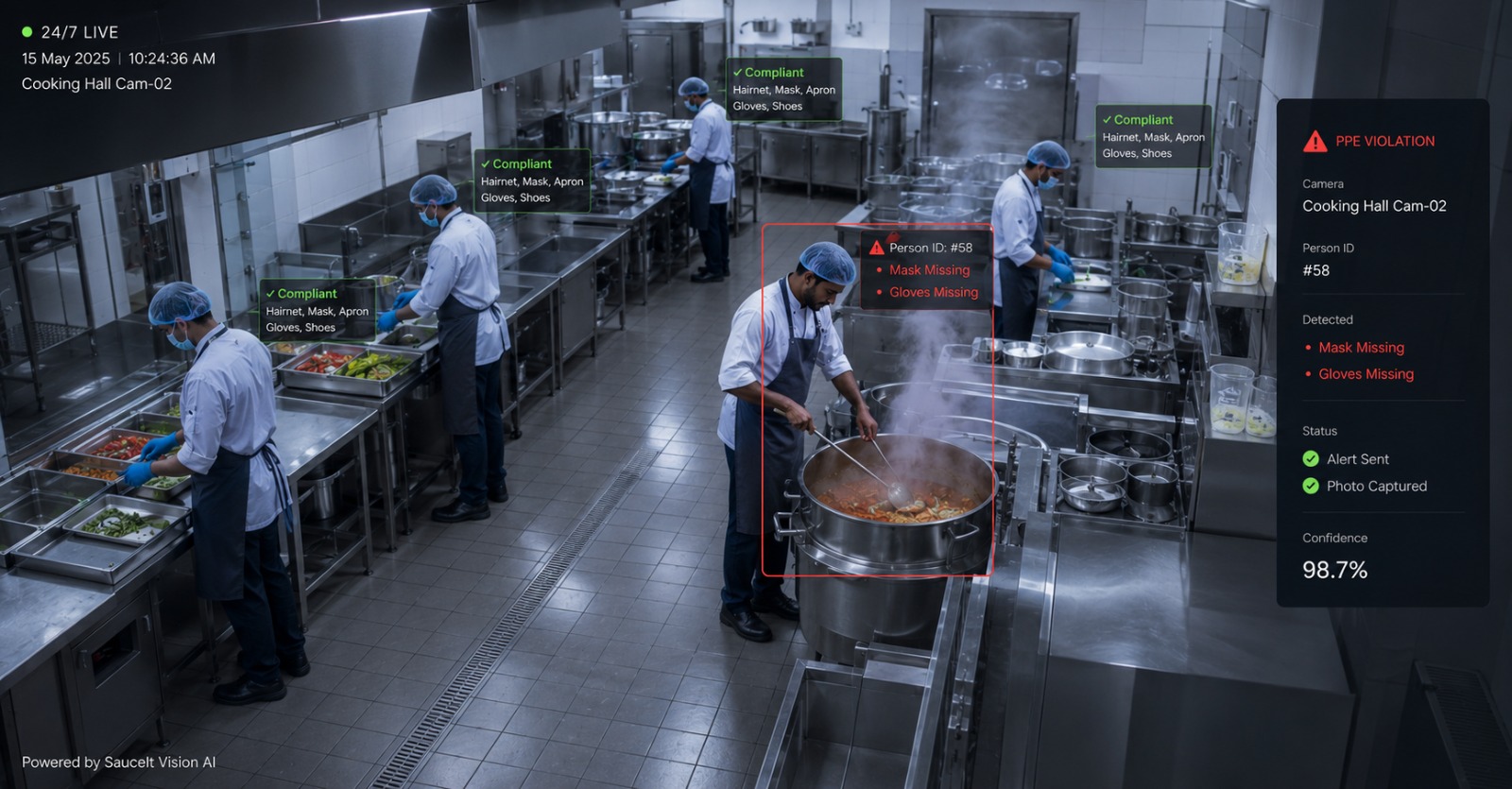 Sauceit live kitchen camera view: five chefs marked Compliant in green (hairnet, mask, apron, gloves, shoes) and one flagged in red for Mask Missing and Gloves Missing (Person #58), with a side panel showing 98.7% confidence, Alert Sent and Photo Captured.